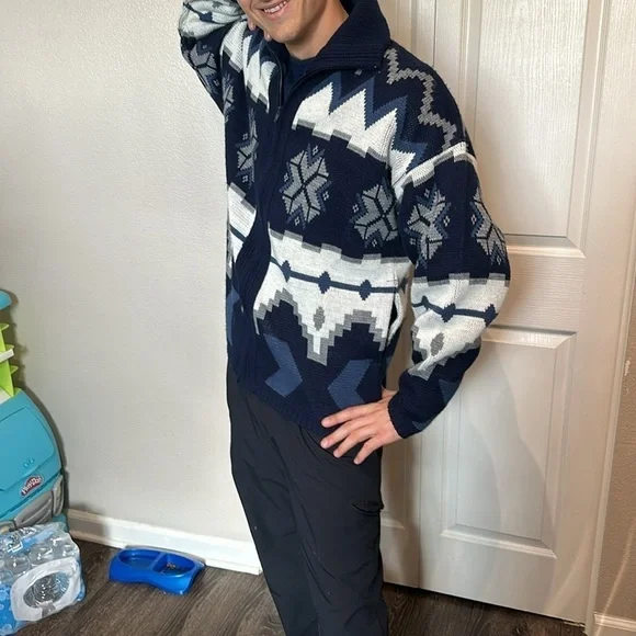 Vintage holiday sweater zip up comfort knits men’s large winter snow Aztec blue - Picture 3 of 5